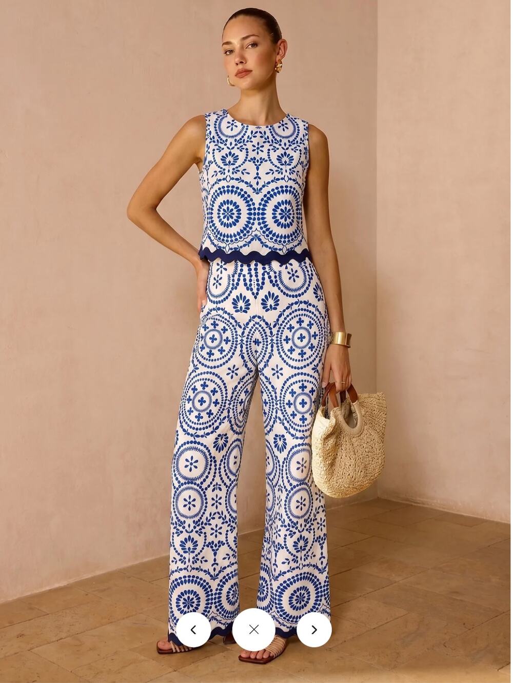 NWT Commense Scalloped Hem Printed Top & Pants Set Sz XL1